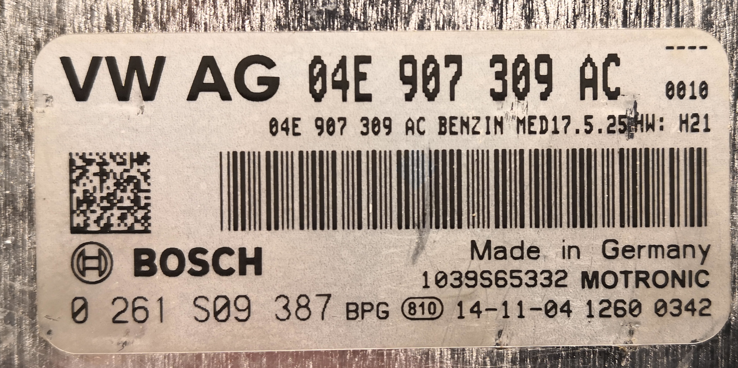 Label for 0261S09387 04E907309AC 0010 1037548662 MED17.5.25 VW Golf 7 1.4 2014 MTgearbox BENCH <span style='color: #D0021B'>FULL</span>.rar ecu backups